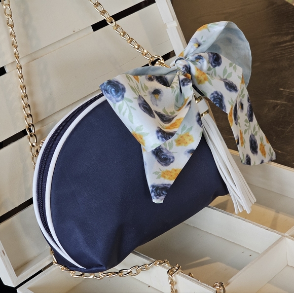 Christian Dior Navy Blue Clutch w/Crossbody Chain, Tassel, & Twilly Added - Picture 7 of 16